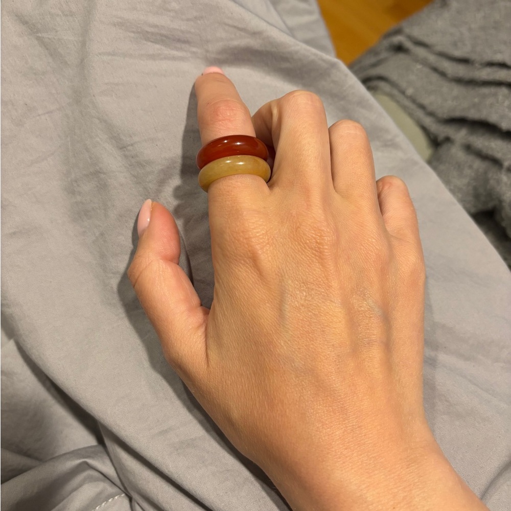 Stone Trilogy Stack Yellow Jade Red Agate Aventurine Ring Set Of 3 Bands, Size 7 - Picture 7 of 9
